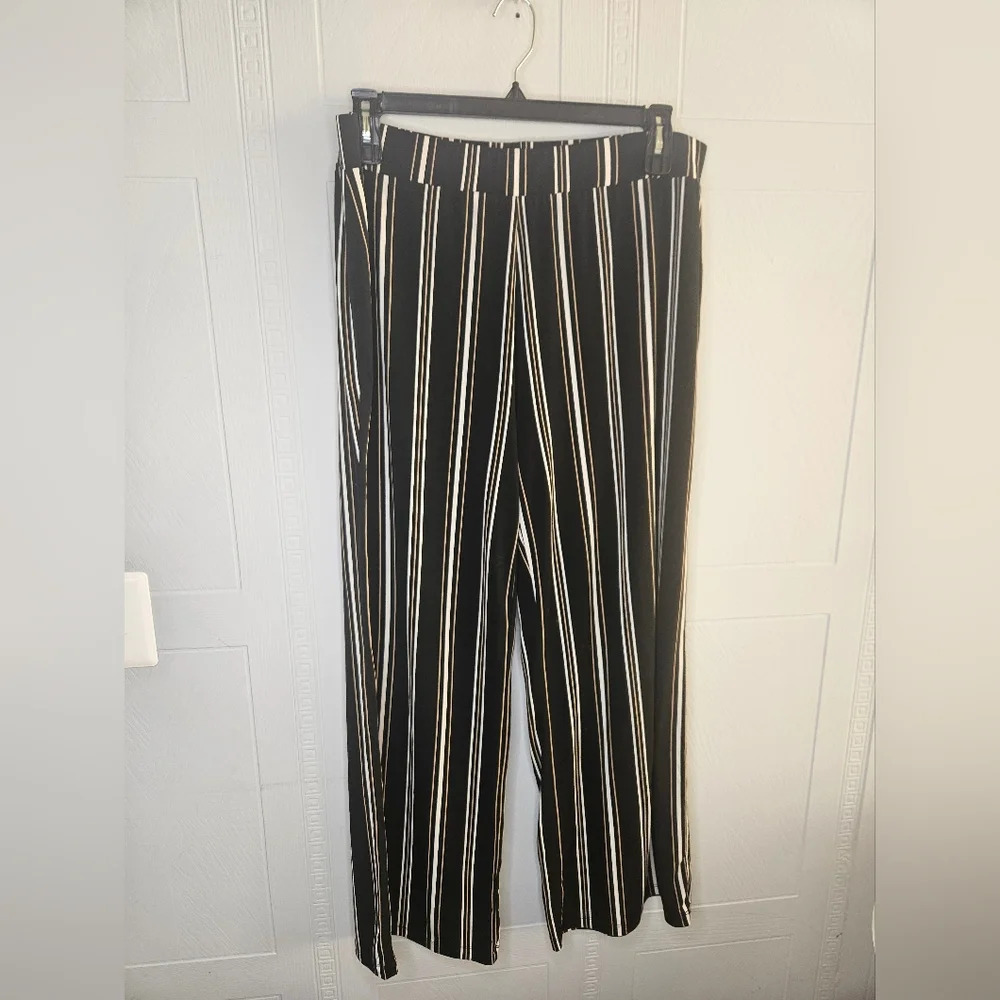 Alfani Wide Leg Black Brown Gold Striped Pull On Pants Plus Sz 1X EUC